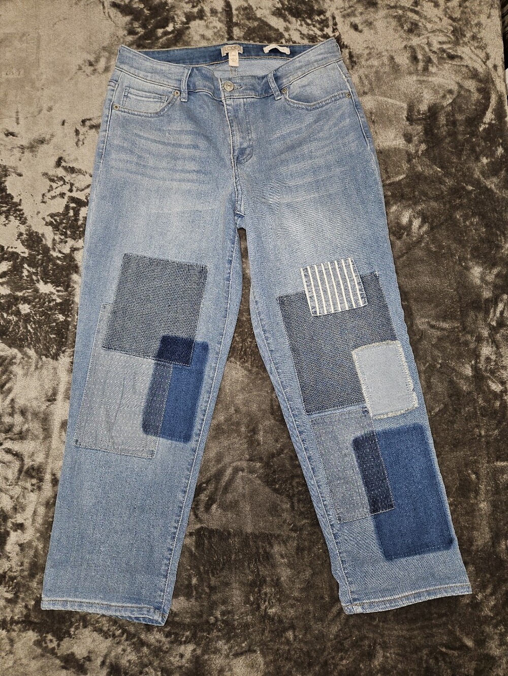 LOGO Lavish Boho Patchwork Blue Denim Jeans 8P Boyfriend Cut Bohemian Scarecrow